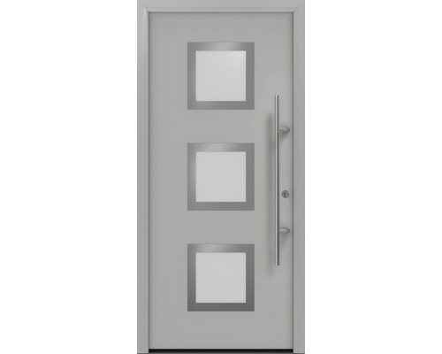 Porte d'entrée EcoStar ISOPRO Secur IPS 810S 1100 x 2100 mm droite RAL 9006 aluminium blanc mat avec ensemble de ferrures, poignée barre en acier inoxydable, cylindre profilé de sécurité avec 5 clés Porte d''entrée avec trois inserts en verre carrés et une poignée tubulaire