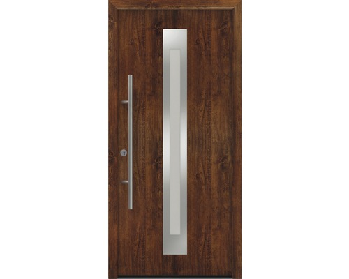 Porte d'entrée EcoStar ISOPRO Secur IPS 770S 1100 x 2100 mm tirant gauche dark oak avec ensemble de ferrures, poignée barre en acier inoxydable, cylindre profilé de sécurité avec 5 clés