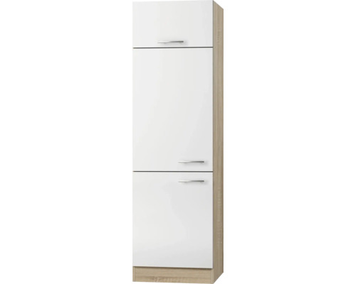 Meuble pour réfrigérateur encastrable 88 Optifit Dakar 60 x 58,4 x 206,8 cm façade blanc brillant corps chêne clair