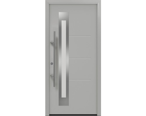 Porte d'entrée EcoStar ISOPRO Secur IPS 780S 1100 x 2100 mm gauche RAL 9006 aluminium blanc mat avec ensemble de ferrures, poignée barre en acier inoxydable, cylindre profilé de sécurité avec 5 clés