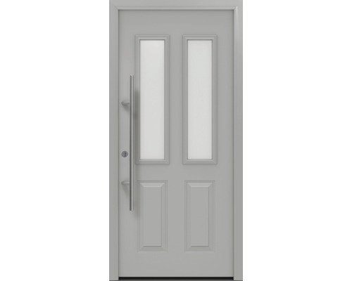 Porte d'entrée EcoStar ISOPRO Secur IPS 410S 1100 x 2100 mm gauche RAL 9006 aluminium blanc mat avec ensemble de ferrures, poignée barre en acier inoxydable, cylindre profilé de sécurité avec 5 clés