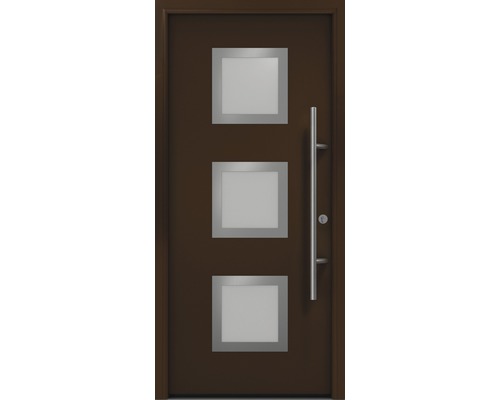 Porte d'entrée EcoStar ISOPRO Secur IPS 810S 1100 x 2100 mm droite RAL 8028 marron terre cuite avec ensemble de ferrures, poignée barre en acier inoxydable, cylindre profilé de sécurité avec 5 clés