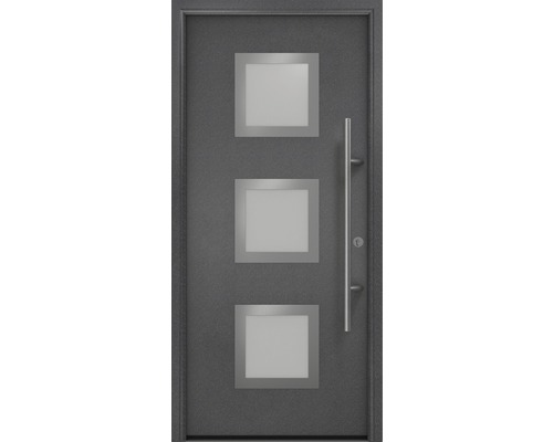 Porte d'entrée EcoStar ISOPRO Secur IPS 810S 1100 x 2100 mm droite CH703 anthracite metallic avec ensemble de ferrures, poignée barre en acier inoxydable, cylindre profilé de sécurité avec 5 clés Porte d''entrée avec trois vitrages carrés et poignée barre