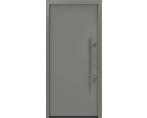 Porte d'entrée EcoStar ISOPRO Secur IPS 010 1100 x 2100 mm droite RAL 9007 aluminium gris mat avec ensemble de ferrures, poignée barre en acier inoxydable, cylindre profilé de sécurité avec 5 clés Porte d''entrée grise avec poignée en acier inoxydable