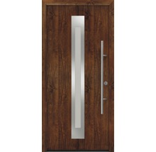 Haustür aus Holz mit Glaseinsatz und Metallgriff
