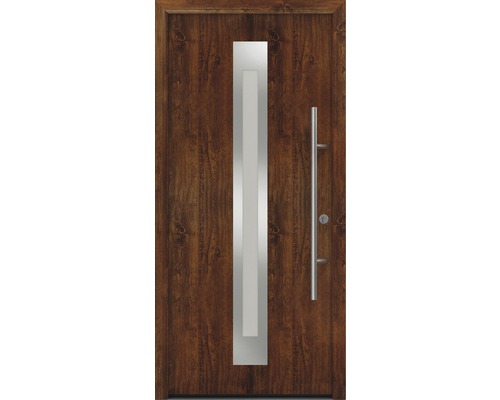 Porte d'entrée EcoStar ISOPRO Secur IPS 770S 1100 x 2100 mm droite dark oak avec ensemble de ferrures, poignée barre en acier inoxydable, cylindre profilé de sécurité avec 5 clés