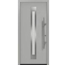 Porte d''entrée grise avec applications en acier inoxydable et poignée barre