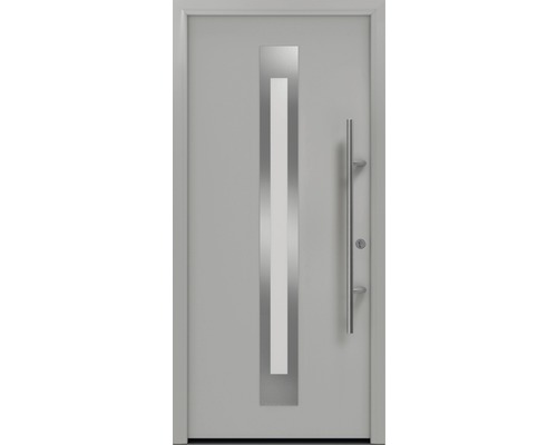 Porte d'entrée EcoStar ISOPRO Secur IPS 770S 1100 x 2100 mm droite RAL 9006 aluminium blanc mat avec ensemble de ferrures, poignée barre en acier inoxydable, cylindre profilé de sécurité avec 5 clés Porte d''entrée grise avec applications en acier inoxydable et poignée barre