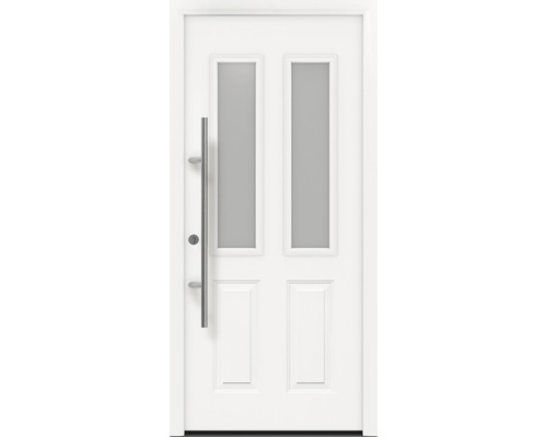 Porte d'entrée EcoStar ISOPRO Secur IPS 410S 1100 x 2100 mm gauche RAL 9016 blanc signalisation avec ensemble de ferrures, poignée barre en acier inoxydable, cylindre profilé de sécurité avec 5 clés