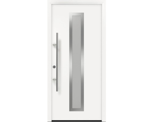 Porte d'entrée EcoStar ISOPRO Secur IPS 700S 1100 x 2100 mm gauche RAL 9016 blanc signalisation avec ensemble de ferrures, poignée barre en acier inoxydable, cylindre profilé de sécurité avec 5 clés