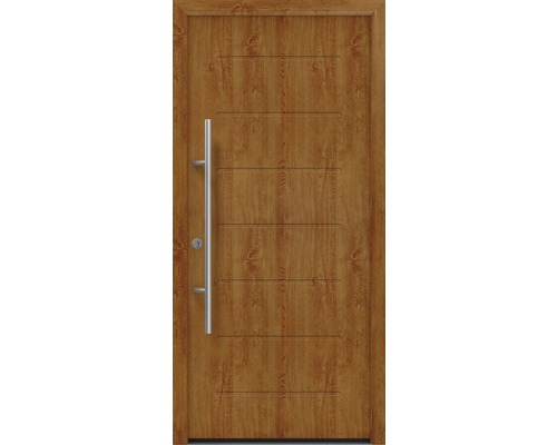 Porte d'entrée EcoStar ISOPRO Secur IPS 015 1100 x 2100 mm gauche golden oak avec ensemble de ferrures, poignée barre en acier inoxydable, cylindre profilé de sécurité avec 5 clés