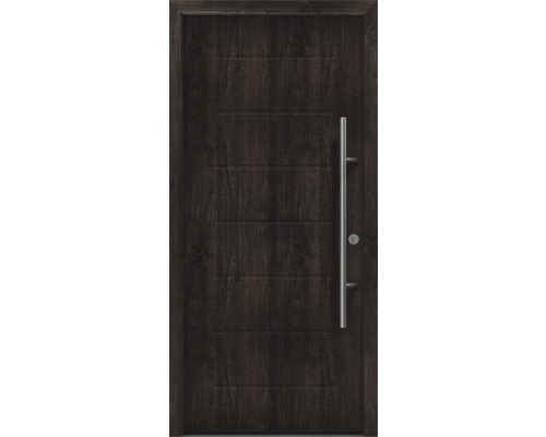 Porte d'entrée EcoStar ISOPRO Secur IPS 015 1100 x 2100 mm droite night oak avec ensemble de ferrures, poignée barre en acier inoxydable, cylindre profilé de sécurité avec 5 clés