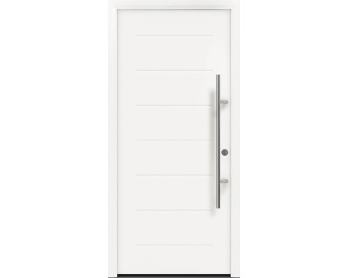 Porte d'entrée EcoStar ISOPRO Secur IPS 015 1100 x 2100 mm droite RAL 9016 blanc signalisation avec ensemble de ferrures, poignée barre en acier inoxydable, cylindre profilé de sécurité avec 5 clés