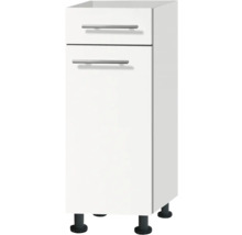 Meuble bas de cuisine blanc avec deux tiroirs et poignées.