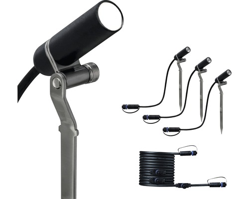 Paulmann Plug & Shine LED Gartenspot-Ergänzungsset m. Erdspiess IP65 3x2,5W 3x90 lm 3000 K warmweiss HxØ 223x21 mm Plantini anthrazit 230/24 V 45° 3 Stück Gartenstrahler Set mit Erdspieß und Kabel