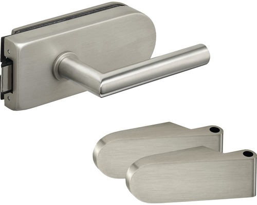Ferrure de porte vitrée Pertura Studio Kargur UV alu anodisé couleur inox Serrure de porte en verre avec ensemble de poignée et deux blocs de fixation