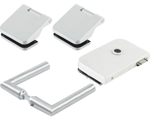 Glastürbeschlagset mit Türdrücker, Schloss und zwei Türbändern