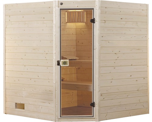 Sauna intérieure avec porte en verre et revêtement en bois