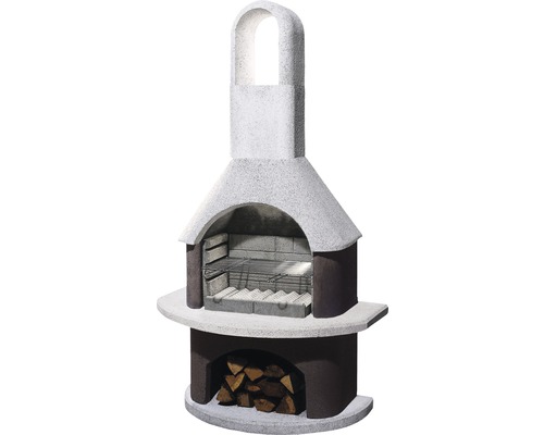 Barbecue cheminée Buschbeck Milano 65 x 110 x 203 cm béton acier blanc marron Barbecue de jardin en maçonnerie avec grille et rangement pour le bois