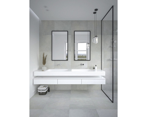 Modernes Badezimmer mit Doppelwaschtisch, zwei Spiegeln und einer Duschkabine