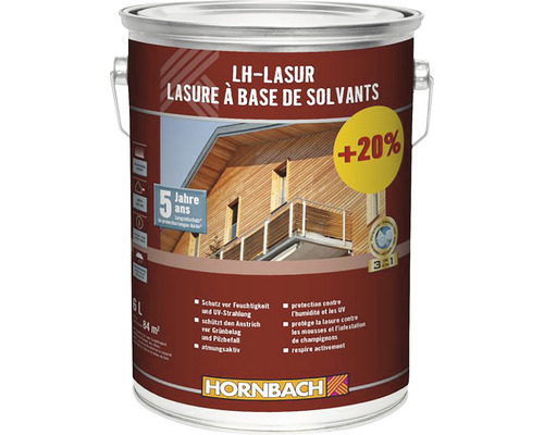 Lasure pour bois dans une boîte en métal avec l''inscription LH-Lasur et protège jusqu''à cinq ans