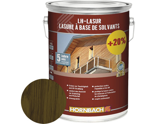 Dose lösemittelhaltige LH-Lasur mit Holzfarbprobe und Hornbach Logo
