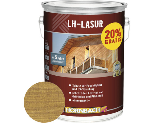 LH Lasur Holzschutzfarbe im Metalleimer mit Holzfarbton Muster und Hornbach Logo