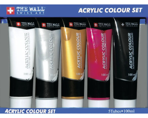 Acrylfarbenset 5-teilig weiss, rot, gold, silber, schwarz 100 ml