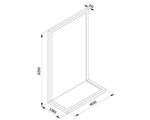 Skizze einer Duschkabine mit den Massen 650 x 400 x 180 Millimeter