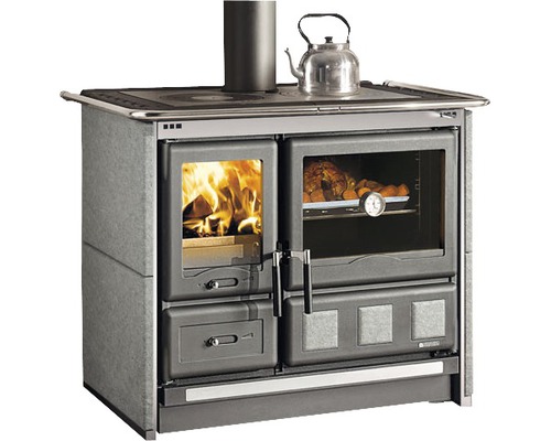 Cuisinière à combustible solide Nordica Extraflame Rosa XXL pierre naturelle noir avec zone de cuisson en fonte