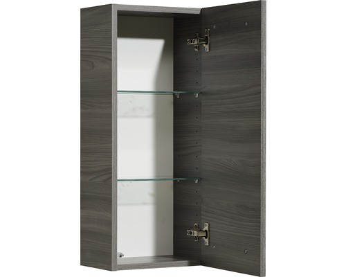 Armoire de toilette ouverte avec deux étagères en verre