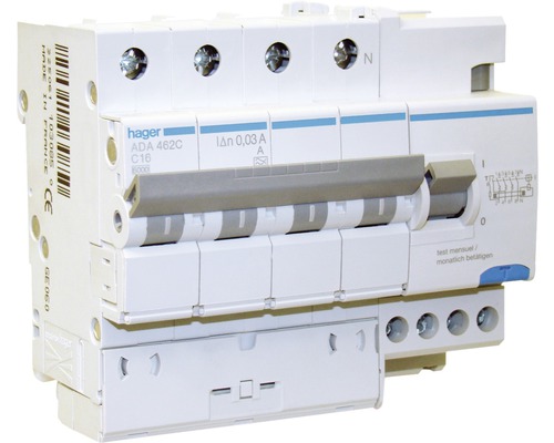 Disjoncteur de protection en cas de défaut de courant C-20A/30mA 6kA 3P+N, 6 mod Disjoncteur différentiel Hager ADA 462C C16 avec courant différentiel nominal de 0,03 A