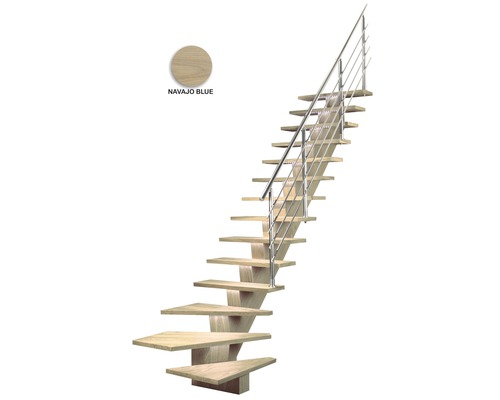 Holztreppe mit Metallgeländer und der Farbton Navajo Blue