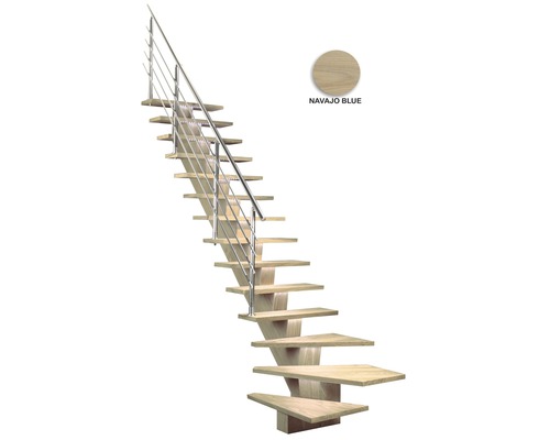 Holztreppe mit Edelstahlgeländer in der Farbe Navajo Blau