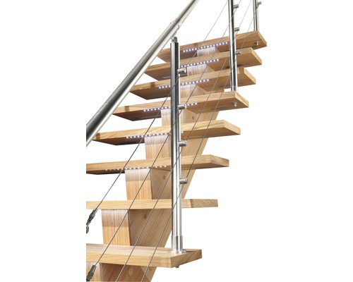 Holztreppe mit Edelstahlgeländer und LED Beleuchtung