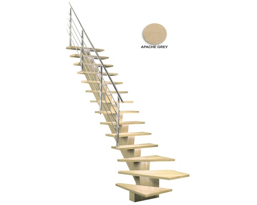 Holztreppe mit Metallgeländer und der Farbton Apache Grey