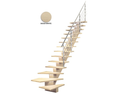 Holztreppe mit Metallgeländer und der Farbton Sioux White