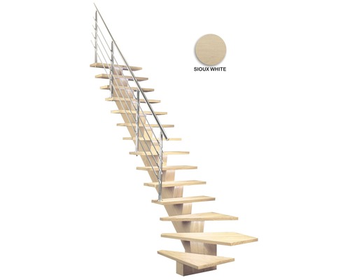 Escalier avec rampe en métal, marches en bois dans le ton Sioux White