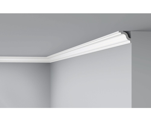 Kit de moulures de plafond «Roomkit» D7, kit composé de 24 m de moulures + colle Coin de pièce avec moulure décorative montée