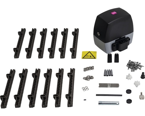 Komponenten für einen Schiebetorantrieb inklusive Warnschild