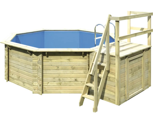 Kit de piscine hors sol en bois Karibu Classic 1B ronde Ø 400x124 cm avec échelle, tapis de sol et terrasse de bronzage bois