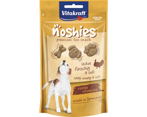 Hundesnack Vitakraft Noshies mit Truthahn 90 g Vitakraft Noshies Premium Fun Snack für Hunde in Verpackung