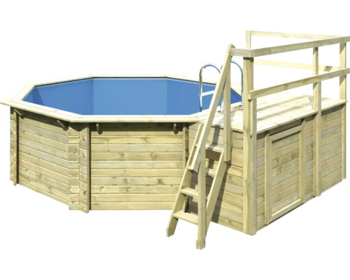 Kit de piscine hors sol en bois Karibu Classic 1C ronde Ø 400x124 cm avec échelle, tapis de sol, terrasse de bronzage et 1 vantail bois