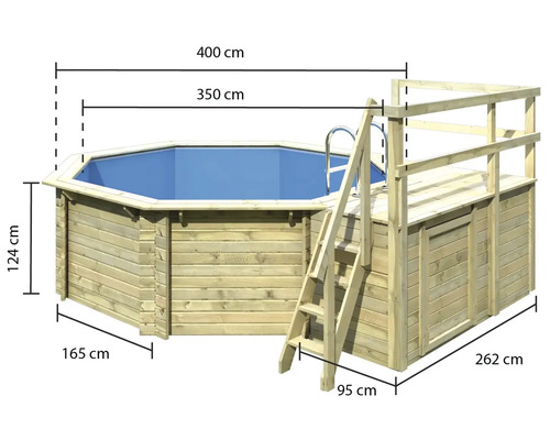 Image d''une piscine en bois avec échelle et les dimensions 400 cm, 350 cm, 124 cm, 165 cm, 262 cm et 95 cm