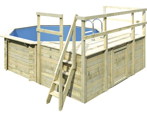 Kit de piscine hors sol en bois Karibu Classic 1D ronde Ø 400x124 cm avec échelle, tapis de sol, terrasse de bronzage et 2 vantaux bois