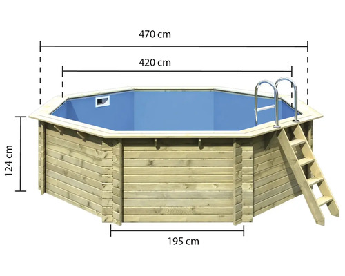 Piscine octogonale en bois avec des dimensions de 470 cm sur 420 cm et une hauteur de 124 cm.