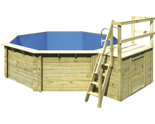 Kit de piscine hors sol en bois Karibu Classic 2B ronde Ø 470x124 cm avec échelle, tapis de sol et terrasse de bronzage bois