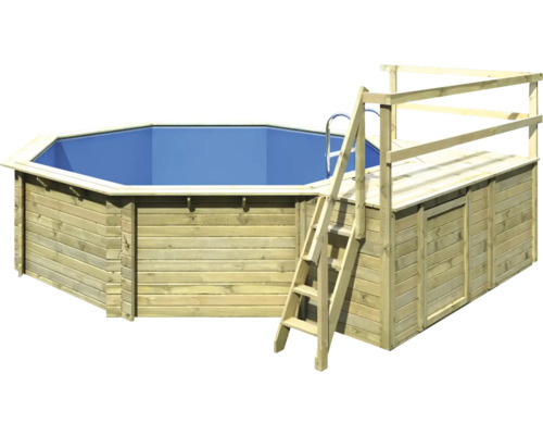 Kit de piscine hors sol en bois Karibu Classic 2C ronde Ø 470x124 cm avec échelle, tapis de sol, terrasse de bronzage et 1 vantail bois