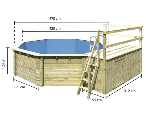 Piscine octogonale en bois avec échelle et plateforme et indications de dimension