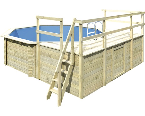 Kit de piscine hors sol en bois Karibu Classic 2D ronde Ø 470x124 cm avec échelle, tapis de sol, terrasse de bronzage et 2 vantaux bois